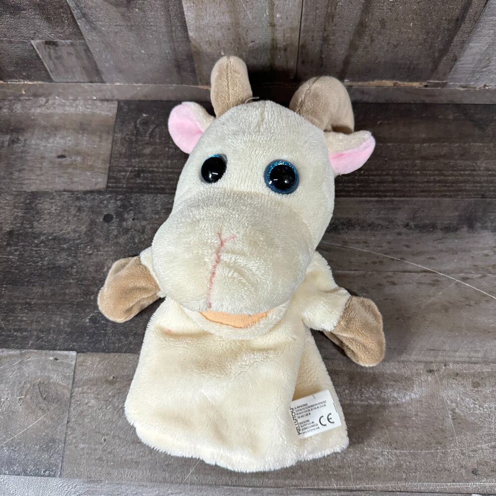 Kellytoy Ram Goat Horns Hand Puppet Plush Tan 11" Blue Glittery Eyes Soft Toy